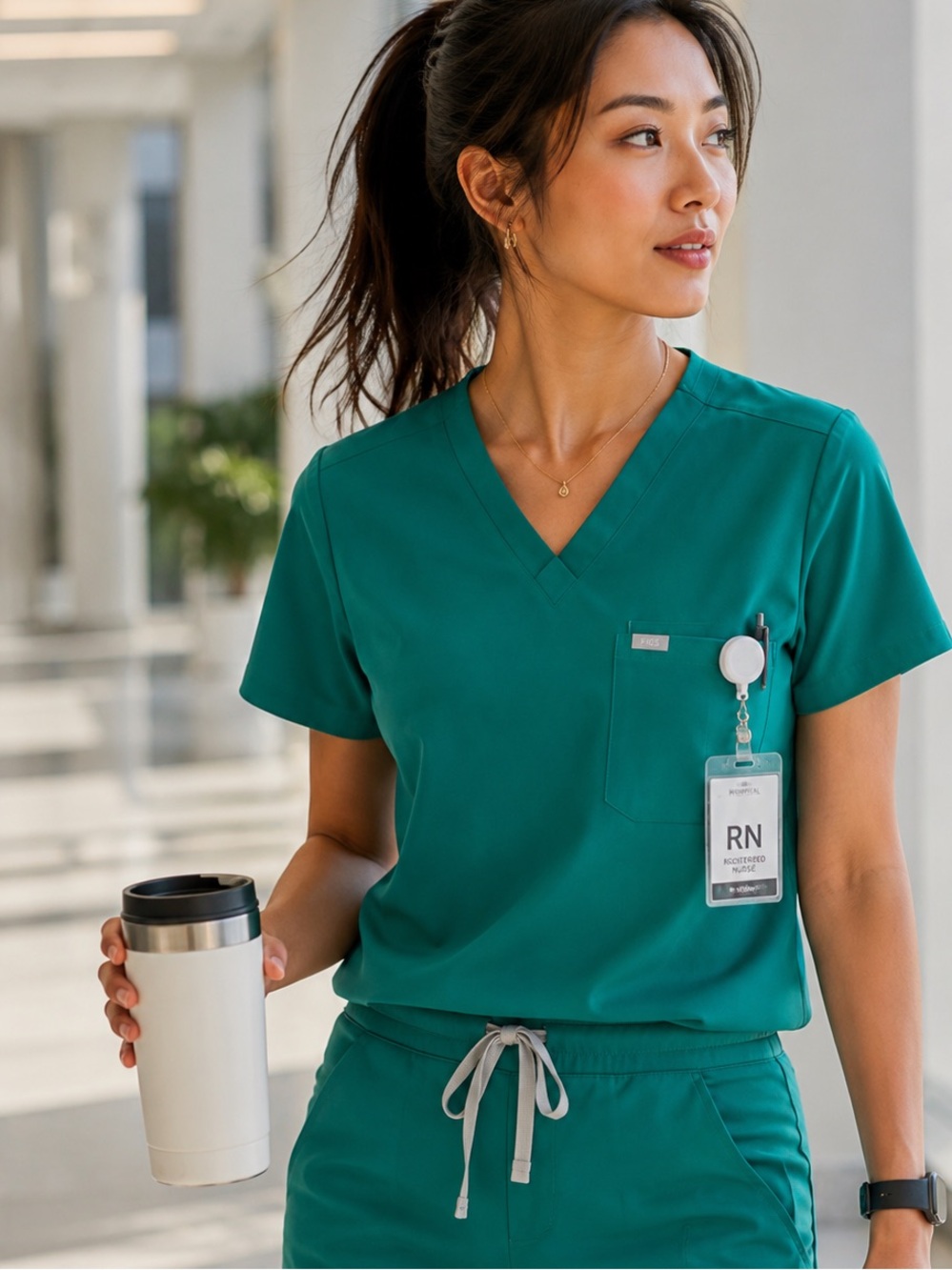 FIGS Technical Scrub Top Green Large Medical Healthcare Uniform Active